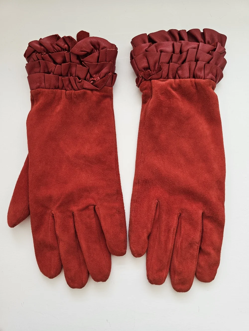Renees NYC Crimson Red Suede Gloves Leather Ruffle Cuff Size L